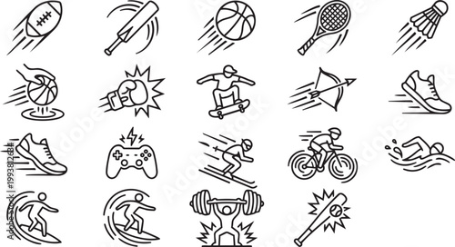 Dynamic Sports Motion Line Icons Set, Outline Vector Collection with Speed Effect, Minimal Athletic Activity Symbols EPS