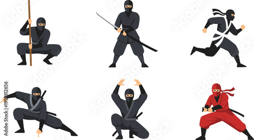 Set of professional ninja warrior characters in various fighting poses with katana sword and staff for Japanese martial arts vector illustration