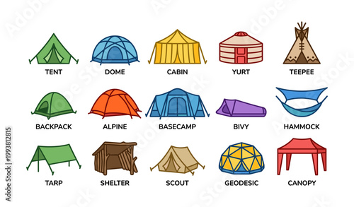 Assorted shelter icons labeled with names in grid on white background