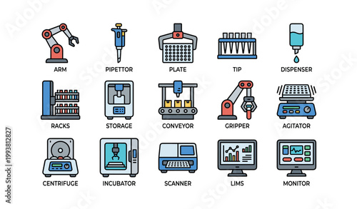 Laboratory automation icons showing equipment and instruments on white