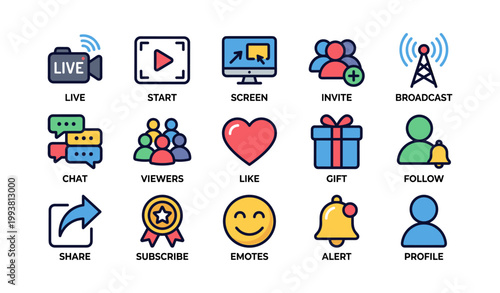 Live streaming icons with chat and notifications on white background