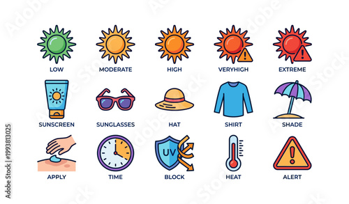 Sun safety icons showing uv risk and protection on white
