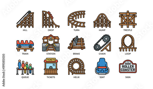 Roller coaster icons showing parts and park elements on white
