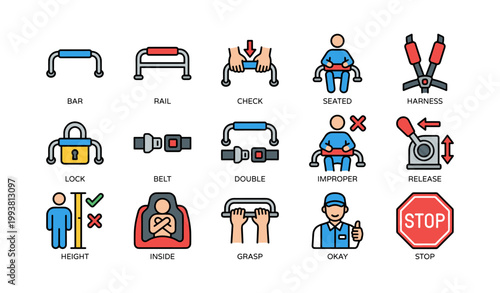 Car seat and harness icons showing seatbelt checks on white background