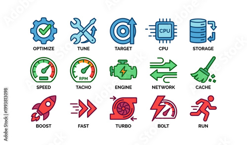 Performance and speed icons arranged in a grid on white background