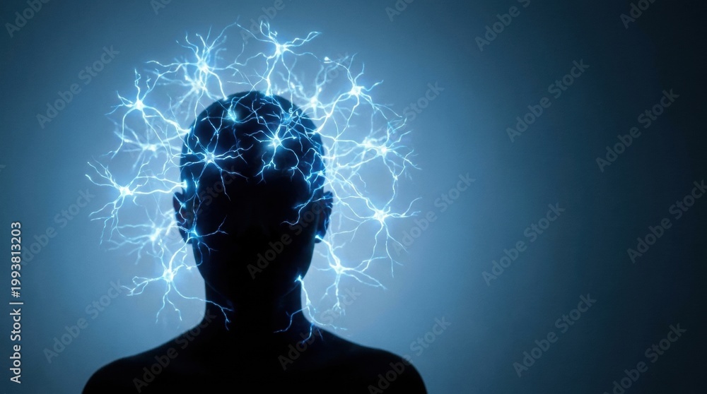 Obraz premium Human silhouette with glowing blue neural network neurons on head conceptualizing mind power and artificial intelligence