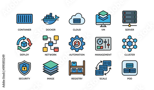Grid of container and cloud infrastructure icons on white background