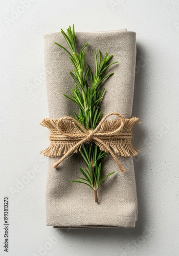 Elegant linen napkin folded neatly and accented with a fragrant sprig of rosemary and natural jute twine, ready for a rustic dinner setting, white, folded, green