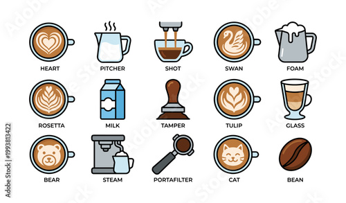 Coffee and latte art icons arranged in grid on white background