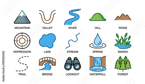 Landscape and waterway icons arranged in grid on white background