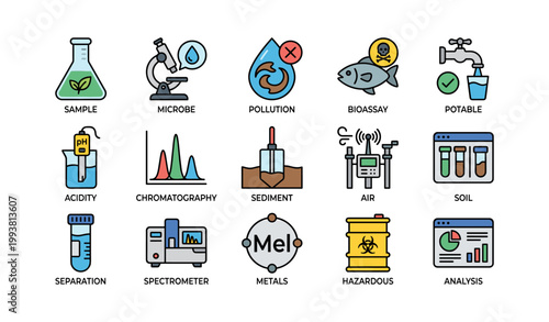 Environmental testing and lab icons arranged on white background