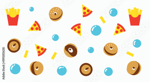 Flat Vector Illustration Set of Fast Food Particles with Glazed Doughnuts Crispy French Fries and Sliced Pizza Isolated on White Background for Snack Branding