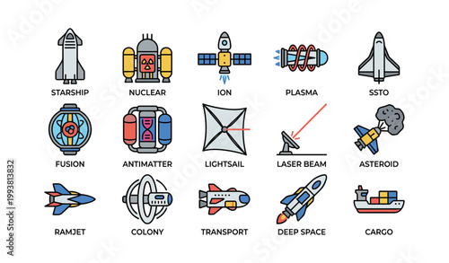 Space and spacecraft icons arranged on white background
