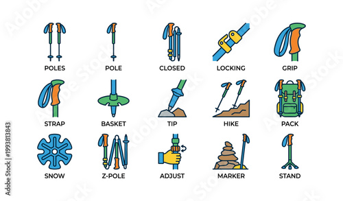 Trekking pole and hiking equipment icons arranged on white background