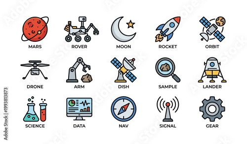 Space exploration icons arranged in a grid on white background