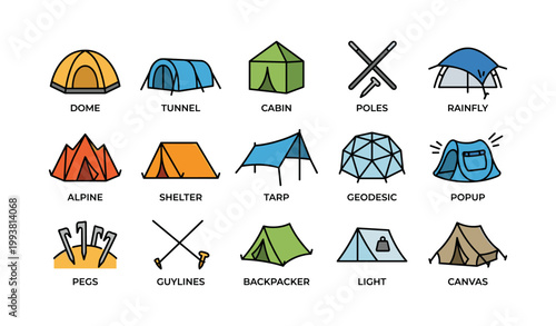 Camping icons showing tent types and shelter equipment in grid