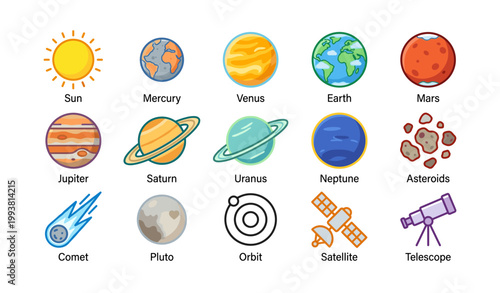 Solar system icons showing planets and space objects on white