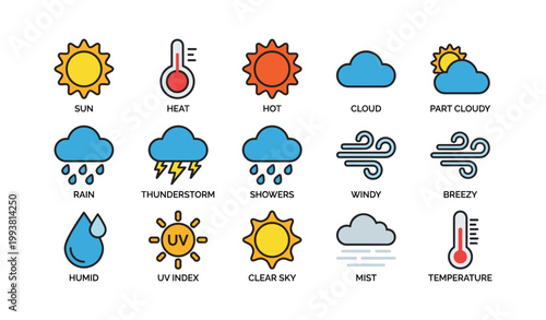 Weather icons showing conditions arranged in grid on white background