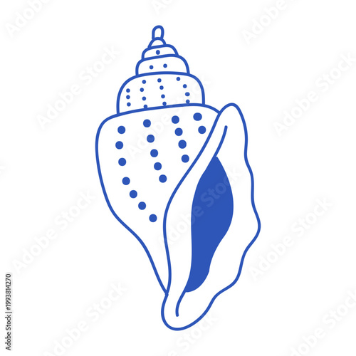 Cute blue line illustration of a Conch Shell. Cute doodle summer icon.
