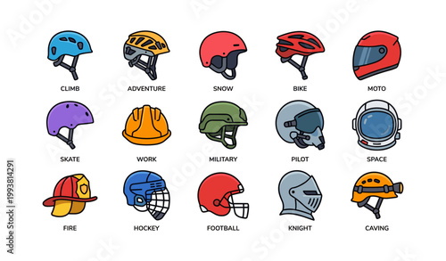 Helmet icons showing various protective headgear in grid layout