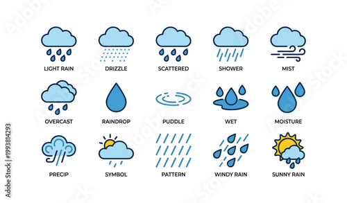 Weather symbols organized in rows on white background