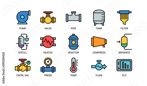 Process equipment icons arranged in grid on white background