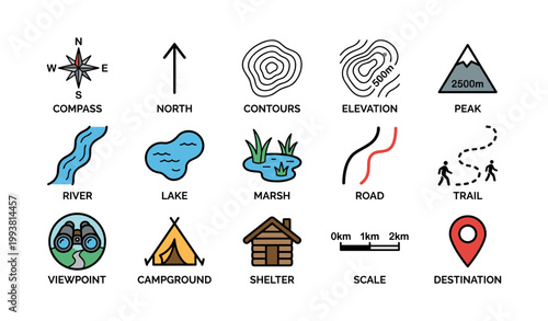 Map symbols displayed in grid on white background sheet