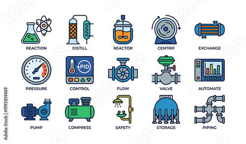 Industrial process icons illustrating equipment and controls