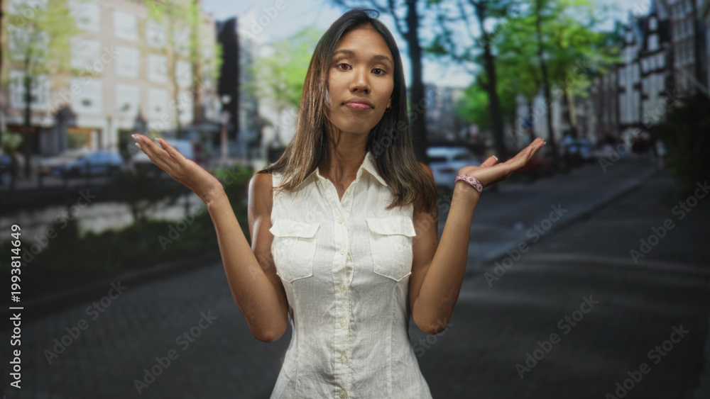 Fototapeta premium Thai woman stands facing camera with hands raised in a shrug and pointing gesture on a city street lined with cars and buildings; quiet uncertainty.