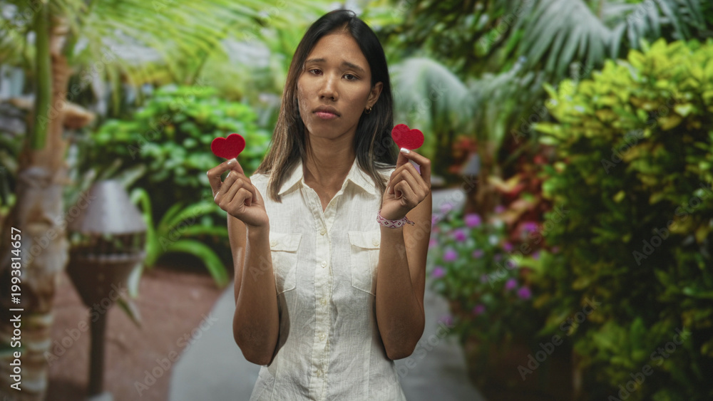 Naklejka premium Thai woman holds two red felt hearts with raised hands showing a pout and sad expression on a tropical forest path; heartbreak longing.
