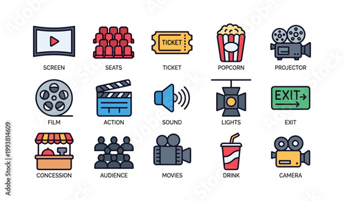 Cinema icons showing screen, seats, ticket and popcorn grid