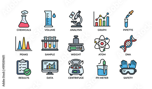 Laboratory icons showing scientific equipment and data on white