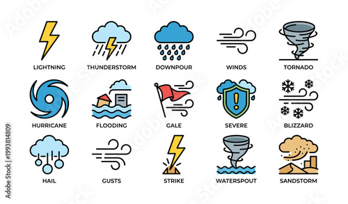 Grid of weather hazard icons illustrated on white background
