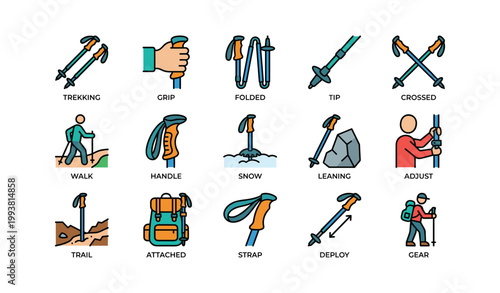 Trekking pole icons showing uses and parts on white background