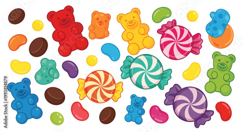 Flat Vector Illustration Set of Colorful Candies with Gummy Bears Jelly Beans Hard Candy Swirls and Chocolate Buttons Isolated on White Background