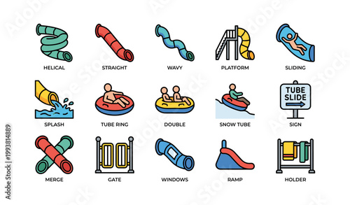 Water slide icons showing types and accessories on white background