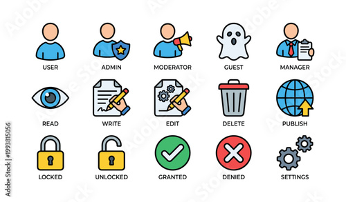 Grid of user role and permission icons on white background