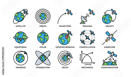 Satellite and orbit icons arranged in grid on white
