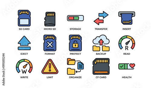 Sd card and storage icons arranged in grid on white background