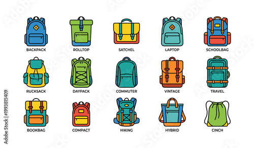 Collection of backpack and bag icons arranged in grid