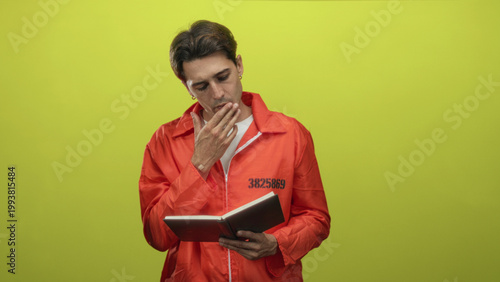 Fotografie Man in orange inmate jumpsuit reads a small notebook, holding pages with both hands and briefly touching mouth with hand in studio; contemplation