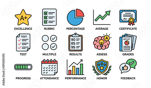 Assessment icons showing grading and evaluation on white background