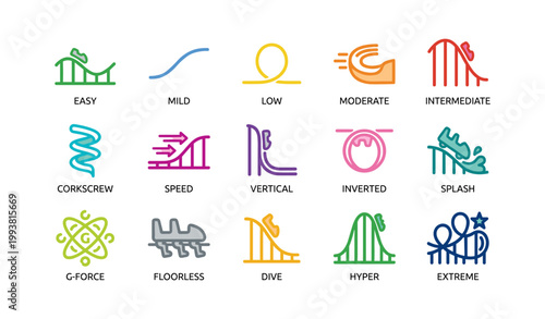 Roller coaster icons showing ride types and difficulty labels