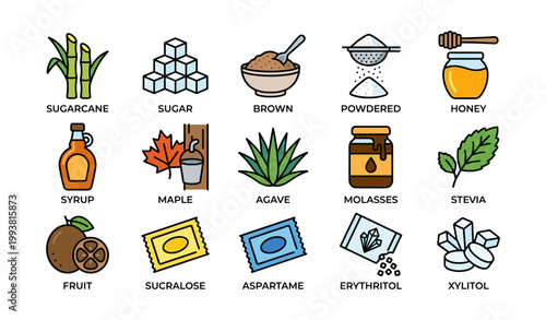 Sweetener icons grid of sugar types and substitutes on white