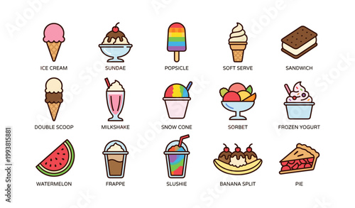 Dessert and frozen treat icons arranged in grid on white background