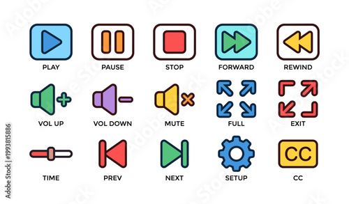Playback and volume control icons grid on white background
