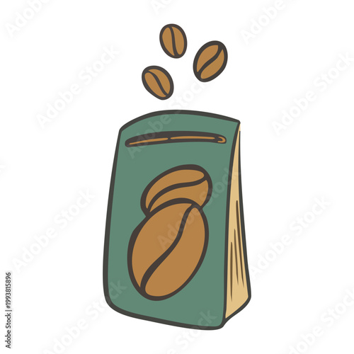 Hand-drawn coffee Packaging. Coffee Beans fall into Pack with flap or tear-off closure. Storing hot drinks with zip-lock Bag. Green and brown colors. Flat style. Isolated. Vector illustration
