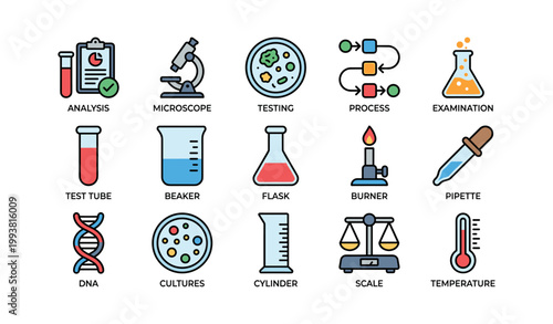 Laboratory science icons arranged in grid on white background
