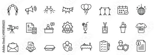 Wedding organization web line icons set party celebration event management catering ceremony web line icons set & more vector illustration on editable stroke