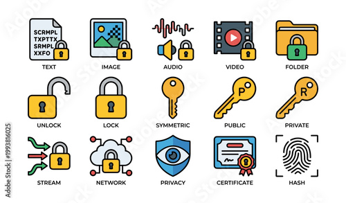 Data and security icons showing locked file types on white background